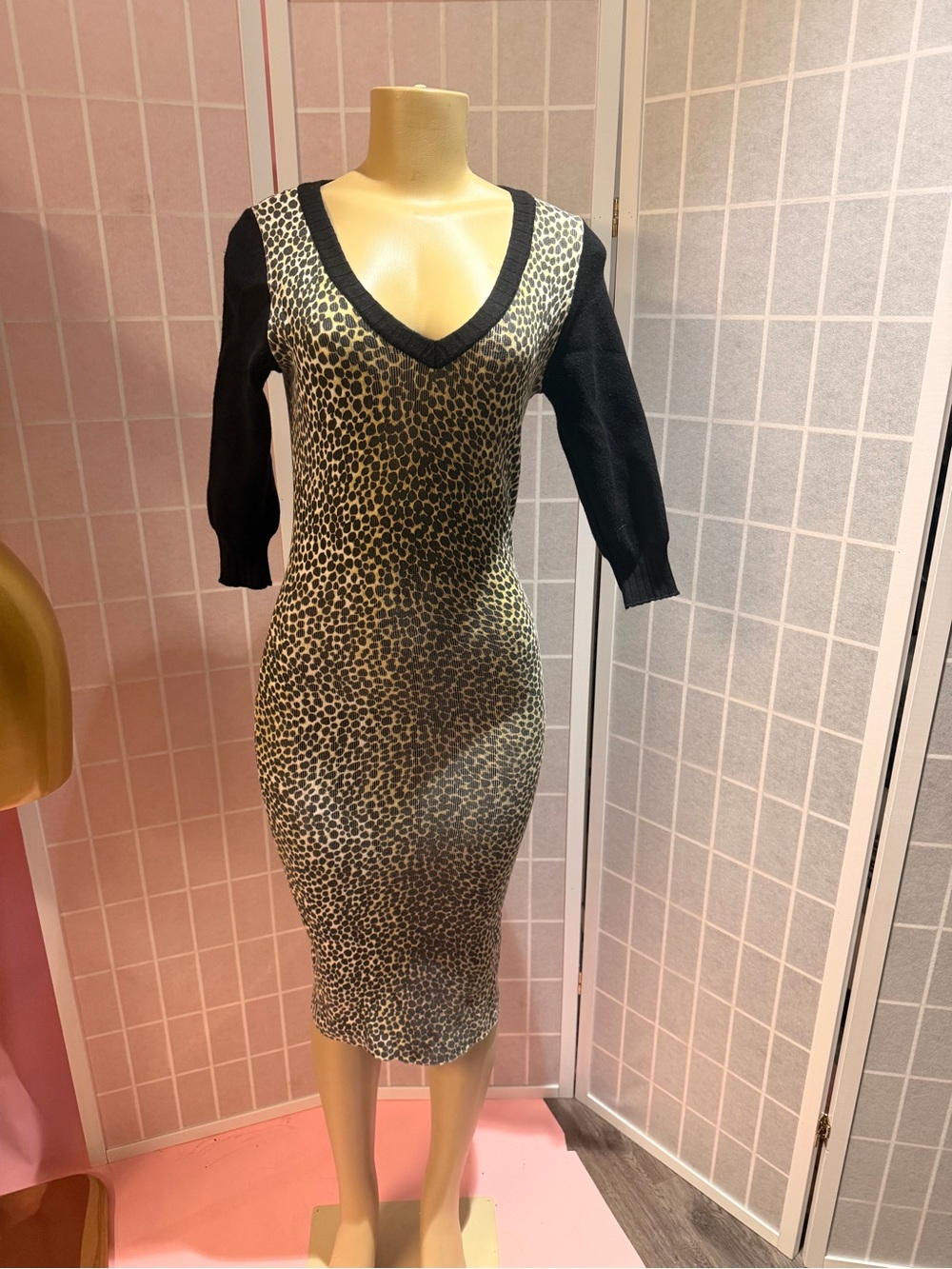 Dolce & Gabbana Olive and Black Leopard-Print V-Neck Midi Dress